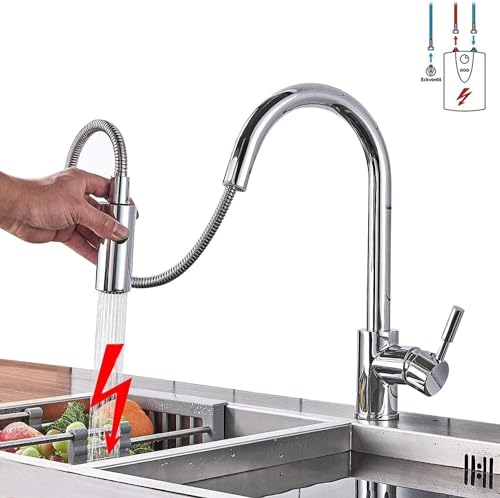 JUNSOTTOR Niederdruck Armatur Küche mit Brause, ausziehbare Spültischarmatur, 360° schwenkbare Mischbatterie für Küchenspüle, Niederdruck Küchenarmatur, Chrom
