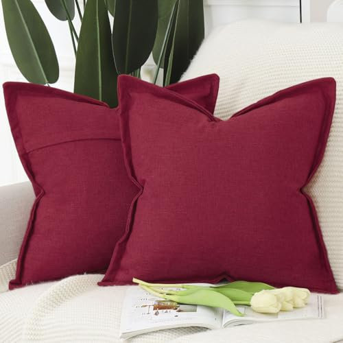 Madizz 2er Set Leinen Kissenbezügen mit breiter Kante Weiche dekorative Kissenbezüge für Sofa Schlafzimmer Kissenhülle Rot 50x50 cm Quadrat