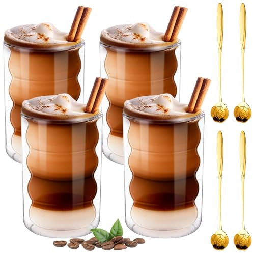 weiclianhp Latte Macchiato Gläser 4er Set, 400ML Cappuccino Gläser mit Löffeln und Untersetzern Doppelwandige Cappuccino Spiralförmig kaffeegläser, Latte, Tee, EIS, Iced Americano, Saft