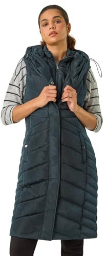 Roman Originals Quilted Gilet with Hood for Women UK Ladies Sleeveless Coat Hooded Jacket Padded Bodywarmer Winter Lightweight Warm Autumn Funnel Neck Longline Soft Bubbly - Dark Blue - Size 10