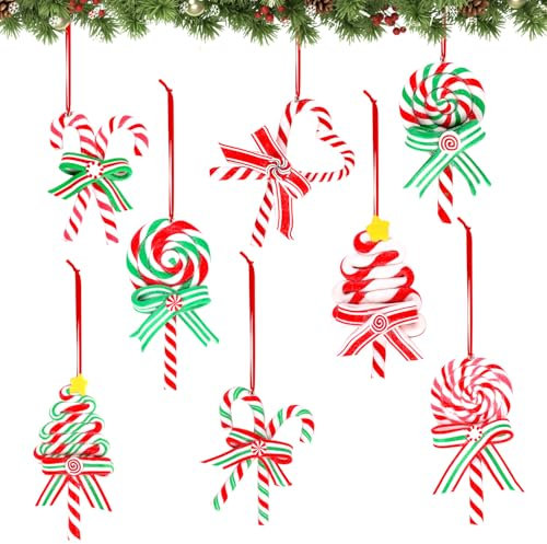 8pcs Candy Hanging Ornaments for Christmas Tree, Plastic Xmas Lollipop Decorations with Rope Sweet Peppermint Christmas Tree Ornaments Candy Cane Ornaments for Party Supplies Wreath Decor