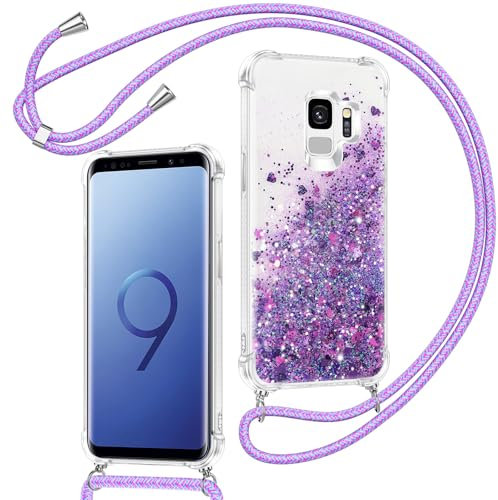 Xiltlly handyband für Samsung Galaxy S9 Hülle mit Band, Glitzer Flüssig Durchsichtig Transparent Silikon Handyhülle mit Kette Kordel zum Umhängen Necklace Stoßfest Kratzfest Schutzhülle, Violett