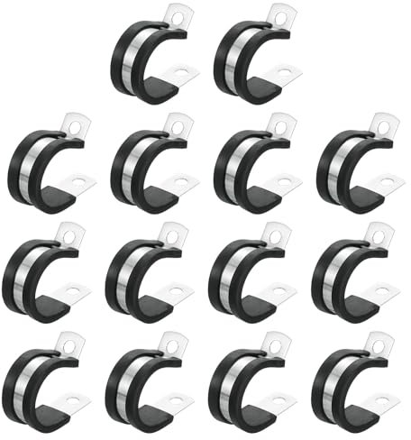 sourcing map 1(24mm) Cable Clamp, 304 Stainless Steel Rubber Cushioned Insulated Clamp R Shape Metal Clamp Tube Holder for Pipe Hose Wire Cord Installation 14Pcs