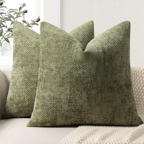 ZWJD Kissenbezug 40x40 2er Set Chenille Kissenbezüge Sofakissen Kissenhüllen Oliv Grün Dekokissen Weiche Sofakissenbezug für Couch, Bett und Wohnzimmer Heimdekoration Luxus Zierkissenbezüge