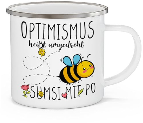 OM3® lustige Emaille-Tasse mit Spruch - Optimismus heisst umgekehrt Sumsi mit Po - Biene I | Emailletasse Emaille Becher | 10oz 300ml | Beidseitig Bedruckt | Weiß-Metall