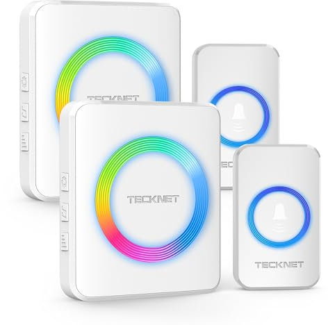 TECKNET Wireless Doorbell with 2 Receivers 2 Push Buttons, IP65 Waterproof Twin Door Bells Wireless Cordless with RGB Flash,400M/1300ft Long Range Plug in Door Bell with 5 Volume Levels & 60 Chimes