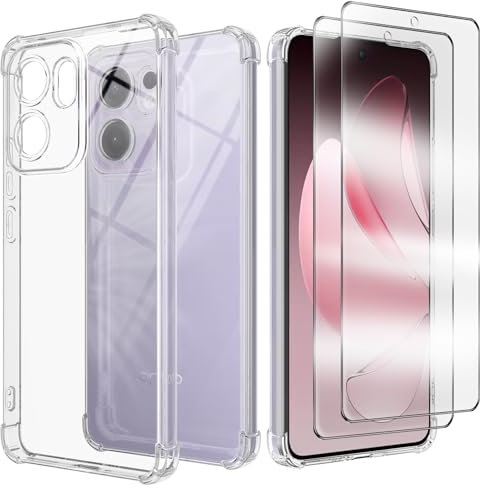 WQRTYJK Cover Compatibile per Oppo Reno 13 F 4G/5G/oppo Reno 13 FS 5G con 2 Pellicola Vetro Temperato, Morbido Silicone ed Antiurto Protettivo Bumper TPU Gel Smartphone Custodia Case - Trasparente