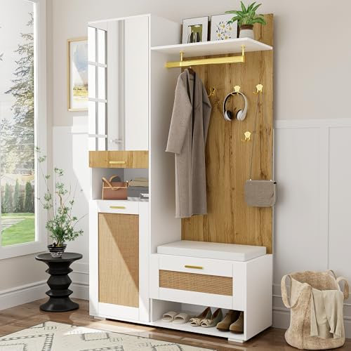 ZYLOYAL10 Set appendiabiti con specchio, 5 ganci dorati, scarpiera, appendiabiti, scomparto superiore, panca e illuminazione a LED a 16 colori