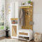 ZYLOYAL10 Garderoben-Set, Kleiderschrank-Set mit Spiegel, 5 goldenen Kleiderhaken, Schuhschrank, Wandgarderobe, oberem Stauraumfach, Sitzbank und 16-Farbiger LED-Beleuchtung