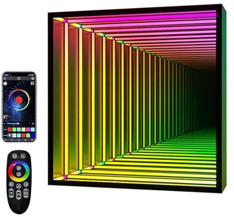 Mehrfarbiges 3D-Spiegel Licht, Spiegeltunnel Licht mit App und Fernbedienung, Musikmodus, 358 mögliche Einstellungen, Infinity-Wandspiegel, mehrfarbiges Licht mit Farbwechsel,Square-Large