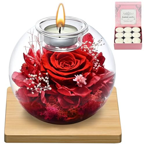 WEIZIWAN Gifts for Women, Eternal Preserved Real Rose,Forever Rose in Glass Dome with 18 Scented Candles (9 Rose,9 Vanilla), Mothers Day Valentine Christmas Birthday Gifts for Mum Girlfriend Wife