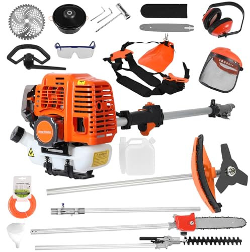 52cc Gas Lawn Mower, 2-Stroke Engine, Petrol Strimmer, Brush Cutter, Hedge Trimmer, Tree Pruner, Pole Saw, Extension Rod, Powerful 3-Tooth Blade, Lightweight for Garden Work Orange