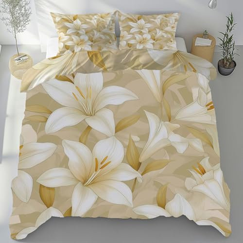 Meugesoi Lilie Bettbezug 135x200 cm mit 2 Kissenbezüge 80x80 cm, Modern Minimalistisch Stil Bettwäsche 3-Teilig mit Reißverschluss Bügelfrei, Bettwäsche Set Mikrofaser Weich