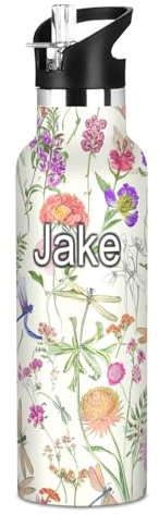Bottiglie d'acqua isolate a tenuta stagna con nome personalizzato per bambini, senza BPA, botanico vintage