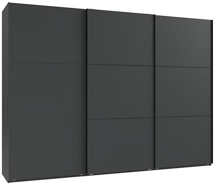 Schwebetürenschrank 3-türig B300/H216/T65 cm in Anthrazit mit schwarzen Griffleisten, inkl. Selbsteinzug, Kleiderschrank mit Einlegeböden, Kleiderstangen, Schubladen, Wäscheeinteilung / 22018