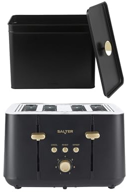 Salter Alchemy Bread Bin & Toaster Set - Carbon Steel Powder Coated Large Bread Box,4-Slice Toaster with 7 Levels of Browning, Wide Slots, 1850W, Kitchen Storage for Loaves & Pastries, Black/Gold