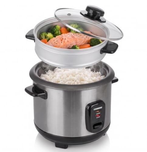 Melissa Reiskocher 1,5 L - 500 W Edelstahl-Reiskocher mit Antihaft-Innentopf, Dämpfkorb für Gemüse & Fisch, Glasdeckel, Warmhaltefunktion 70-75 °C, Kochtrockenschutz, inkl. Messbecher & Löffel