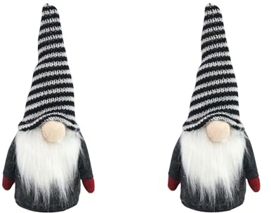 hausleben Weihnachtswichtel 20 cm 2er Set–Skandinavische Tomte Figuren | Stoff-Figuren mit gestreifter Strickmütze, Bart & roten Handschuhen in Schwarz & Weiß–Deko für Tisch, Regal & Fensterbank