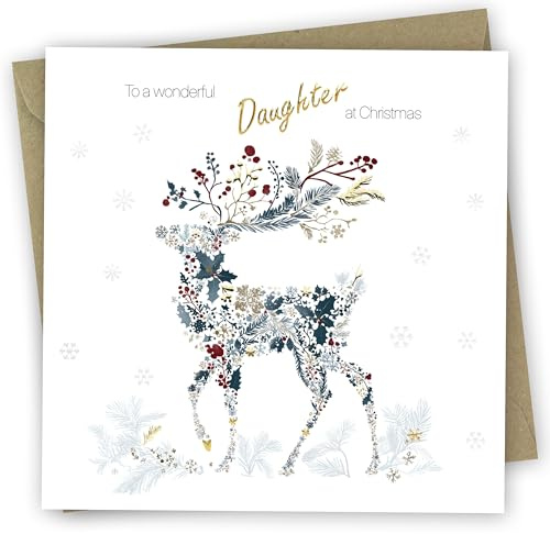 Weihnachtskarte für die Tochter, Blumen-Hirsch-Design mit Goldfolie, Karte 150 x 150 mm, Lieferung mit Umschlag, umweltfreundlich und hergestellt in Großbritannien.
