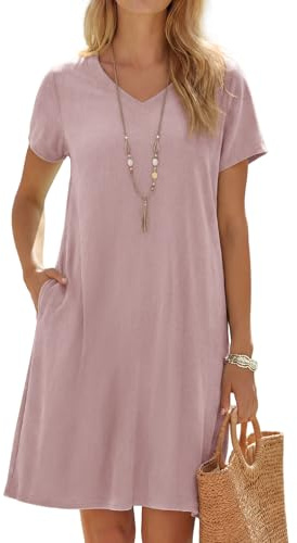 Enmain Robe Lin Femme été Manches Courtes col V Robe Femme Lin Ample et Decontractée Chic et Élégante Longueur Genou légère avec Poches sans Accessoires