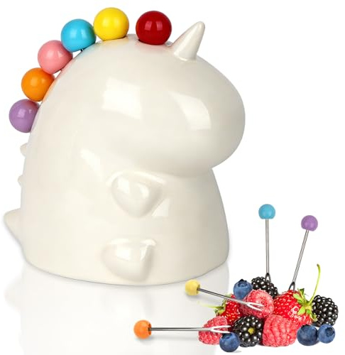 Artlyfe Lot de 6 fourchettes à fruits en acier inoxydable avec 1 porte-fourchette en céramique en forme de dinosaure, fourchettes à salade portables Convient pour les fruits, les gâteaux, les salades