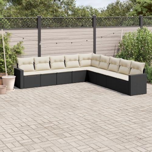Frdhee Eckbank Gartenlounge Sofa Gartenmöbel,9 TLG. Garten Sofagarnitur mit Kissen Schwarz Poly Rattan,Für Innen Und Außen,Kann Schnell Installiert Werden