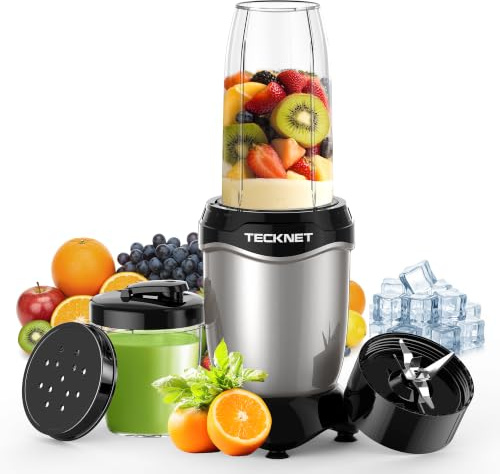 TECKNET Mixer, 600W Mini Smoothie Maker, Standmixer mit 4 Edelstahl Blatt, Tragbarer Standmixer 500ml Becher mit 150ml Flaschen BPA frei Tritan, Elektrischer Blender to go für Shake und Smoothie