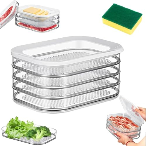 Multi-layer Food Storage Box with Lid, Deli Meat Ham and Cheese Container for Fridge, Stackable Container Set for Meal Prep, Fridge Organization, Pantry Storage, With Cleaning Sponge (White-B)