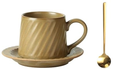 Kaffemuggar Retro keramisk kakifärgad mugg eftermiddagste mjölkkaffekopp med fat och sked 300ml