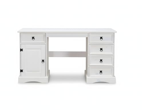 Hacienda-Look – Schreibtisch New Mexiko 5+1 Arbeitstisch PC Computer Büro Tisch weiß – 141x76x47 cm – 5 Schublade(n) – Massive Kiefer – Farbe Weiß – Hacienda-Stil – wärmender Massivholz-Look