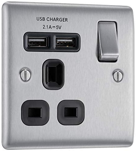 BG Electrical Single Switched Fast Charging Power Socket with Two USB Charging Ports