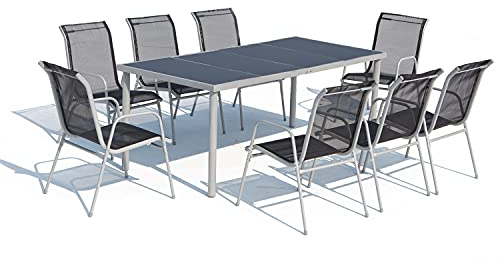 CONCEPT USINE - Salon De Jardin Acier - Ensemble Mobilier d'Extérieur : Table Rectangulaire Plateau en Verre Trempé + 8 Chaises Empilables - Gris Foncé - Design Lusiana - Robuste & Résiste à l'eau