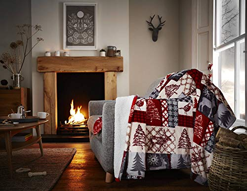 Happy Linen Company Sofadecke mit weihnachtlichem Patchwork - weich, warm & kuschelig - Sherpa-Fleece - Rot - Groß