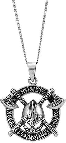 81stgeneration Sterling Silver Viking Helmet Double Axe Necklace for Men – Large 925 Silver Norse Runes Pendant With Crossed Battle Axes - Gothic Warrior Celtic Knot Jewellery - Round Heavy Design