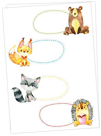 Papierdrachen 8 Bunte Sticker zum Beschreiben für Kinder - Motiv Waldtiere - Ideal zum Beschriften von Schulbüchern und Schulheften oder Geschenken zu Weihnachten