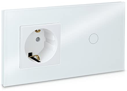 Navaris Touch Lichtschalter mit Schuko Steckdose - mit Glasrahmen - Design Glas Touchschalter einfach - Wandschalter Schalter Weiß