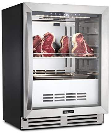 Klarstein Kühlschrank, Reifeschrank für Dry Aged Beef, 1 Zonen Kühlschrank mit Glastür, In- und Outdoor mit LED-Beleuchtung, Freistehend oder Einbaukühlschrank, Temperaturbereich, 1-25 °C, 98 L