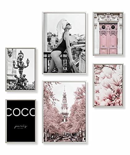 Heimlich® Premium Poster Set mit Bilderrahmen Aluminium Silber | 2 x DIN A3 & 4 x DIN A4 - ca. 30x42 & 21x30 | Stilvolle Poster Collagen mit passenden Bilder als Wanddeko » Pinke Mode «