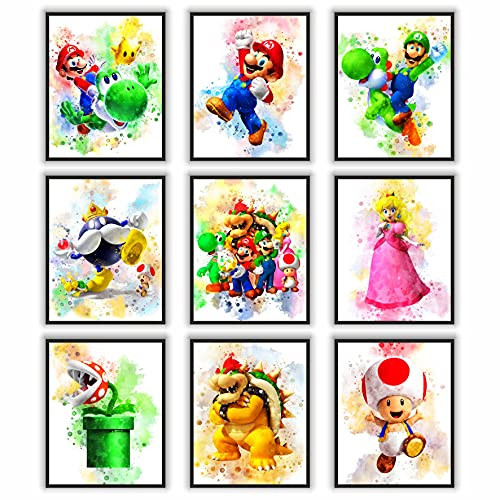 PoyBux Design,Super Mario Game Aquarell-Posterdrucke, Super Mario Wanddeko für Kinder, ungerahmt, Set mit 9 (20.3x25.4 cm), Mario Poster für Jungenzimmer, Mario Spiel-Posterdrucke