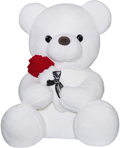 Orsacchiotto peluche con rosa, simpatico peluche giocattolo, idea regalo per bambini, ragazzi, ragazze, compleanno, Natale, San Valentino (35 cm, bianco)