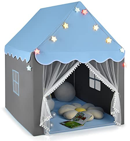 GYMAX Kids Tent, Fairy Play Castle with Washable Mat, Star Lights & Windows, Outdoor Indoor Children Playhouse Tents for Girls Boys Gift (Blue)