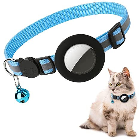 Airtag Cat Collar, Air tag Cat Collar with Bell and Safety Buckle in 3/8 Width, Reflective Collar with Waterproof Airtag Holder Compatible with Apple Airtag for Cat Dog Kitten Puppy (Blue)