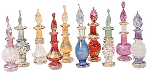 Lote - Juego DE 10 Botellas EGIPCIAS DE Cristal SOPLADAS Y Hechas A Mano EN Egipto para Guardar PERFUMES Y ACEITES Esenciales 4-6 CM
