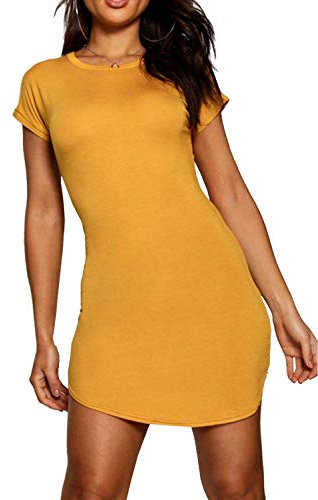 Fashion Star Womens Curved Hem Turn Up Cap Sleeve Tunic T-Shirt Mini Dress Plain Mustard M/L (UK 12/14)
