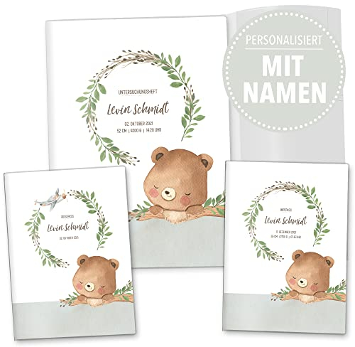 OLGS U-Hefthülle Komplett-Set 3-teilig personalisierbar Impfpasshülle & Reisepasshülle | Organizer für Untersuchungsheft, Impfpass, Reiseunterlagen für Babys und Kinder (Personalisiert, Bär)