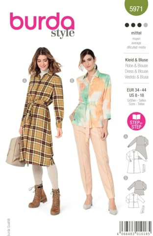Burda Schnittmuster, 5971, Hemdbluse und Kleid selber nähen [Damen, Gr. 34 - 44] Level 2 für Anfänger