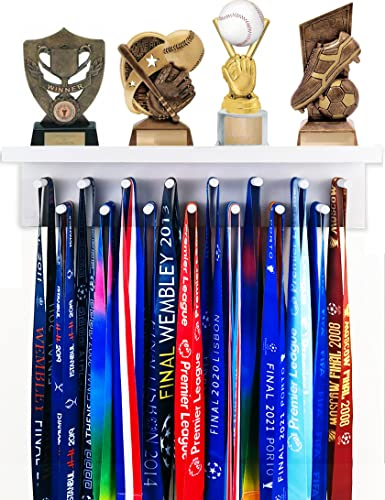 BooYeeXY Trophäen-Display, 42,9 cm lang, Holz-Trophäenregal, Medaillen- und Trophäenhalter, 15 Haken, Aufhänger mit Regal, Medaillenhalter mit Holz-Trophäenständer (WHT)
