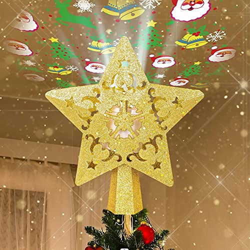 Fayelong Stern-Weihnachtsbaumspitze Beleuchtet Mit Rotierenden LED-Schneeflocken-Projektorlichtern, Hohler Silberner 3D-Stern-Schneebaumspitze Für Weihnachtsbaumschmuck (Gold)