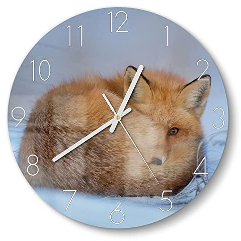 DEQORI Glasuhr | rund Ø 30 cm | Motiv Schüchtener Fuchs | ausgefallene leise Design Uhr aus Glas | Wanduhr für Wohnzimmer & Küche | Moderne Hingucker Uhr für die Wand