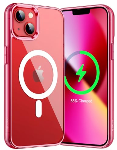 JETech Magnetic Case for iPhone 13 6.1-Inch Compatible with MagSafe Wireless Charging, Shockproof Phone Bumper Cover, Anti-Scratch Clear Back (Red)